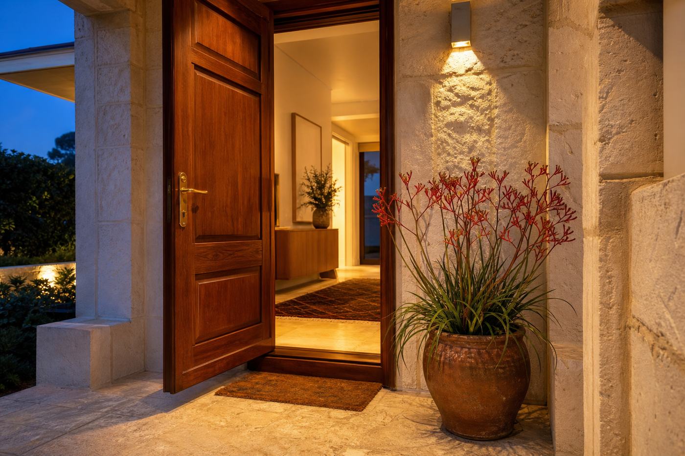 A warm front doorstep at dusk, the light left on for you